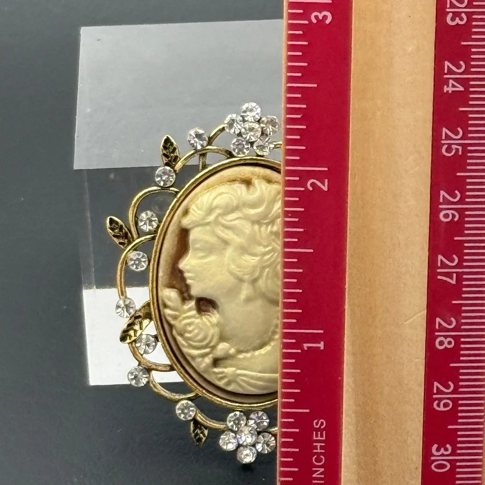 Vintage Gold Tone Rhinestone Cameo Brooch Victorian Style Lady Portrait Pin